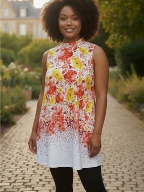 Lane Bryant White Sleeveless Mock Neck Tunic with Red & Yellow Floral Print